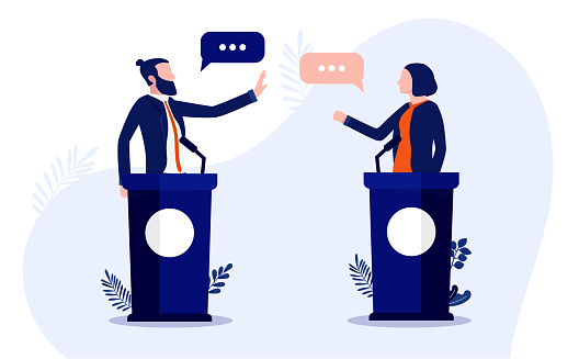 Two people, male and female debating and disagree on subjects. Fictional characters vector illustration.