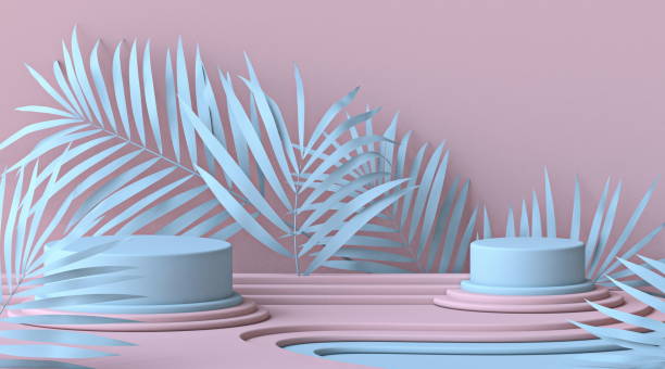 istock Abstract mock up podium with blue leaves and two cylinder stages 3D 1281083651