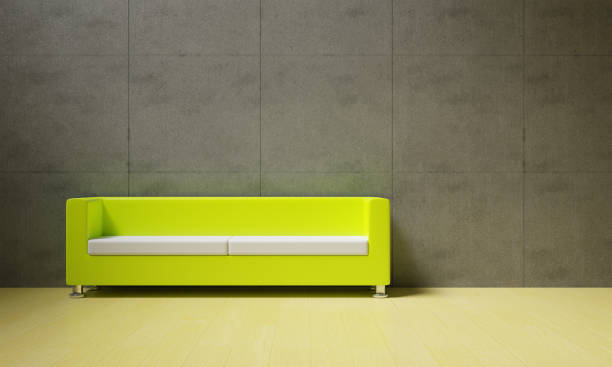 istock 3D rendering of modern living room interiors with yellow sofas against polished bare plaster walls 1281086049