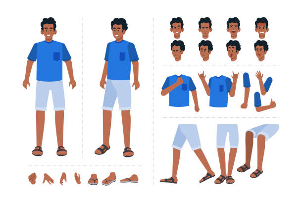 様々な表情、手のジェスチャー、体と脚の動きを持つ少年漫画のキャラクター。アニメーションアニメーションのための漫画のキャラクター - sandal点のイラスト素材／クリップアート素材／マンガ素材／アイコン素材