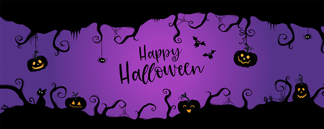 Happy Halloween Banner or Party Invitation, hand drawn background with candies, pumpkins, ghosts and decoration. Vector design
