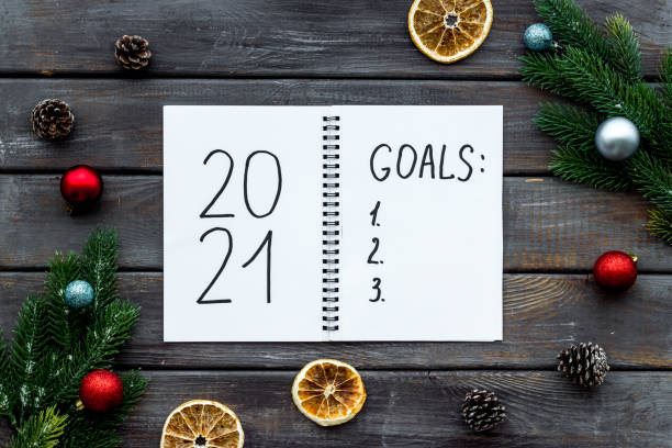 istock Inspiration concept - New Years goals written in notebook on a table, flat lay 1281087200