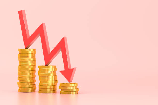 Coin stacks and chart graph on pink background Red arrow moving down. 3d illustration lower technology stock pictures, royalty-free photos & images