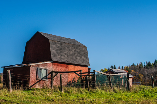 Small Red Barn with Blue Sky - Goulais River, Ontario