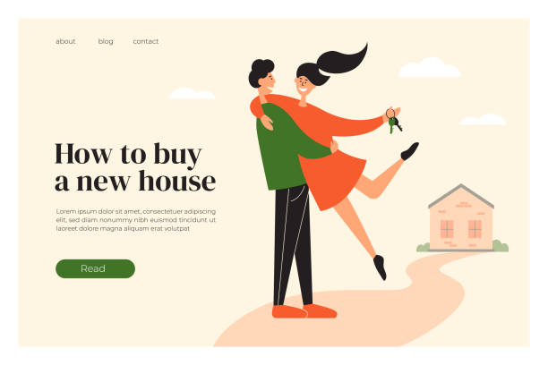 Banner of buying new house with happy young family couple Layout template of buying new house. Happy home owners near their property. Man holding woman with door keys in hand. Mortgage loan, real estate. Young couple buy house. Ad banner, vector illustration new home stock illustrations
