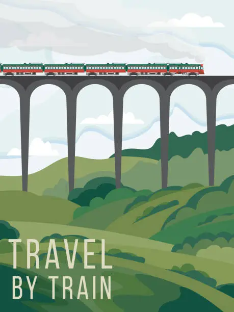 Vector illustration of Poster or banner inviting travel by passenger train flat vector illustration.