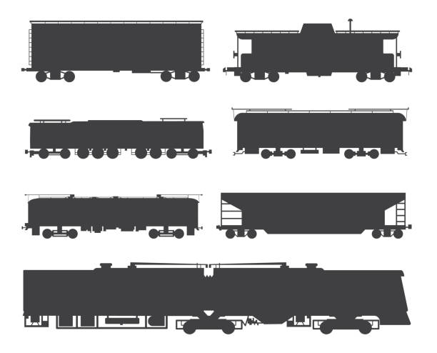 ilustrações de stock, clip art, desenhos animados e ícones de railway cargo and passenger train silhouettes vector illustrations isolated. - train steam train vector silhouette