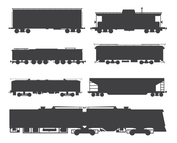 силуэты железнодорожных грузовых и пассажирских поездов векторные иллюстрации изолированы. - train steam train vector silhouette stock illustrations
