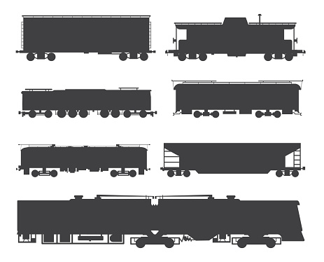Railway cargo and passenger train silhouettes set, flat vector illustration isolated on white background. Black contours collection of railroad locomotive transport.