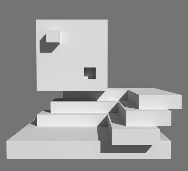 istock Volumetric composition of geometric figures - cube and parallelepipeds. Abstract modern sculpture. 3D rendering of computer model. 1281090229