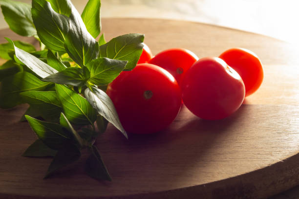 Tomatoes and basil leaves.