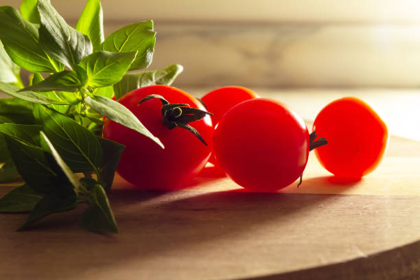 Tomatoes and basil leaves.