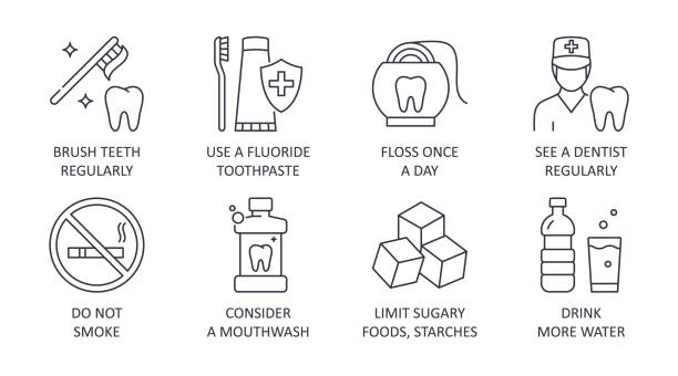 Dental health icons. 8 tips healthy teeth editable stroke. Brush teeth regularly fluoride toothpaste floss once a day see a dentist regularly. Don't smoke mouthwash limit sugary foods drink more water Dental health icons. 8 tips healthy teeth editable stroke. Brush teeth regularly fluoride toothpaste floss once a day see a dentist regularly. Don't smoke mouthwash limit sugary foods drink water Dont stock illustrations