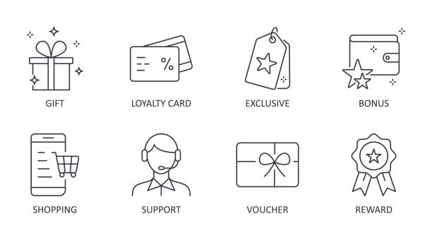 ilustrações de stock, clip art, desenhos animados e ícones de vector loyalty program icons. editable stroke symbols. gift, loyalty card vip exclusive support. discount shopping stars voucher reward bonus - coupon