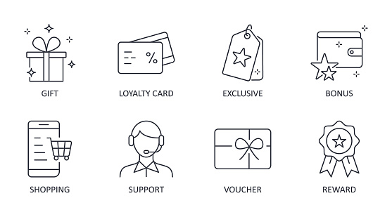 Vector loyalty program icons. Editable stroke symbols. Gift, loyalty card vip exclusive support. Discount shopping stars voucher reward bonus.