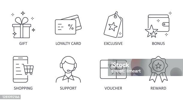 Vector Loyalty Program Icons Editable Stroke Symbols Gift Loyalty Card Vip Exclusive Support Discount Shopping Stars Voucher Reward Bonus Stock Illustration - Download Image Now
