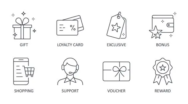Vector illustration of Vector loyalty program icons. Editable stroke symbols. Gift, loyalty card vip exclusive support. Discount shopping stars voucher reward bonus