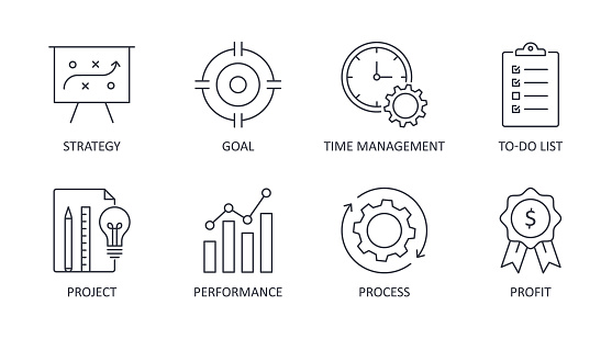 Vector productivity icons. Editable line stroke. Set of symbols business process system strategy performance profit. The goal of the to-do list time management project.