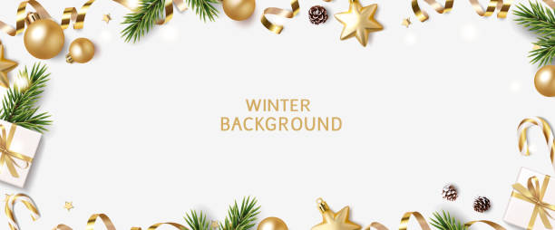 New Year and Christmas design template. Winter background with decorative golden balls and stars. Vector stock illustration frame border backgrounds stock illustrations