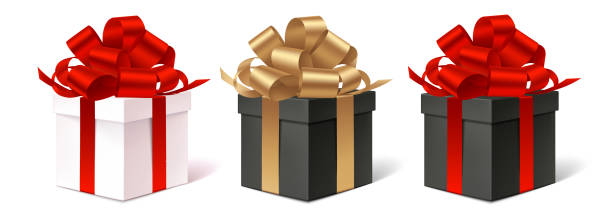 satz von dekorativen geschenk-boxen isoliert auf weiß. weihnachten und neujahr urlaub dekoration. black friday verkauf sammlung. - year 2012 stock-grafiken, -clipart, -cartoons und -symbole