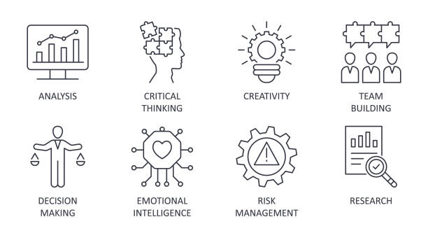 řešení problémů ikon upravitelný tah. analýza kreativity zkoumá kritické myšlení. tým buduje rozhodování o řízení rizik emoční inteligence. vektorová ilustrace na bílé zadní straně - výroba aktivita stock ilustrace