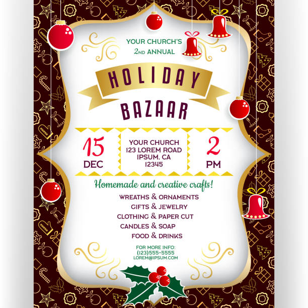 Poster for winter holiday bazaar. Vector invitation flyer with paper cut effect border with Christmas decorative items, golden banner and holly. Vertical banner for event template design. Customized text. fete stock illustrations