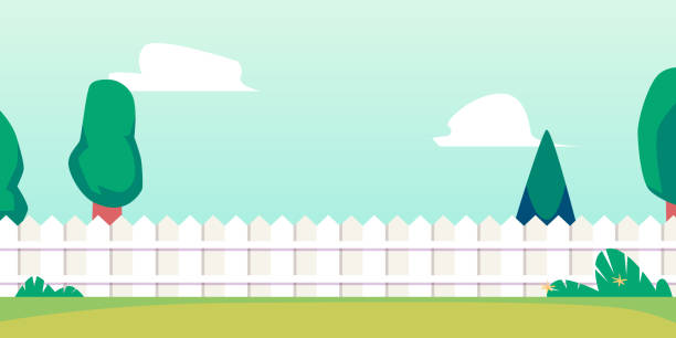 Summer backyard background banner with fence and lawn flat vector illustration. Summer backyard background or banner with long fence and grass lawn, flat vector illustration. Backdrop or layout template for summer outdoor or open air yard party. yard grounds illustrations stock illustrations