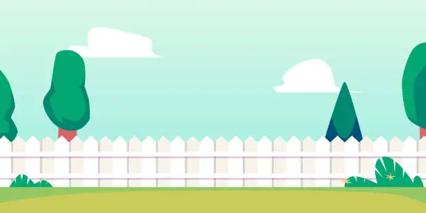 Vector illustration of Summer backyard background banner with fence and lawn flat vector illustration.