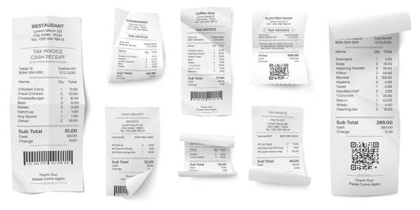 Receipts bill. Atm paper prints, paying ticket shop or store purchase invoice. Isolated realistic supermarket cash order vector collection Receipts bill. Atm paper prints, paying ticket shop or store purchase invoice. Isolated realistic supermarket cash order vector collection. Pay receipt paper, finance print invoice illustration tax patterns stock illustrations