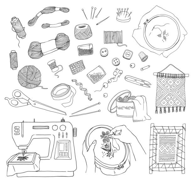 Embroidery and sewing icons set in line sketch vector illustration isolated. Embroidery and sewing cartoon icons set in doodle line style, sketch vector illustration isolated on white background. Hand crafting and needlework line symbols kit. machine sewing white sewing item stock illustrations