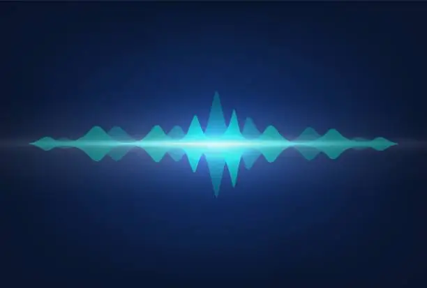 Vector illustration of Sound waves. Audio signal amplitude, neon wavy highs on recorder display. Media technologies for songs recording in music studio. Vector colorful digital voice spectrum illustration