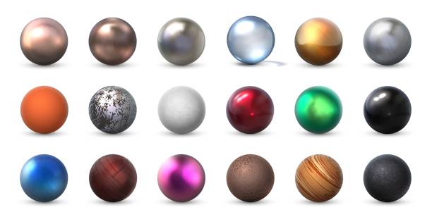 Texture spheres. Realistic matte and shiny round forms from steel, plastic and glass. 3D balls of different materials. Branding, company identity templates, vector colorful geometry set Texture spheres. Realistic 3D balls of different material. Collection matte and shiny round forms from steel, plastic. Branding, company identity template, vector colorful geometric shapes set metal sphere stock illustrations