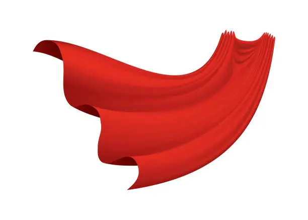 Vector illustration of Superhero red cape on white background. Scarlet fabric silk cloak. Mantle costume or cover cartoon vector illustration. Flying carnival clothes