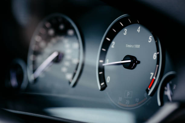 istock Modern mileage car dashboard instrument panel interior. Miles Speedometer. 1281098855