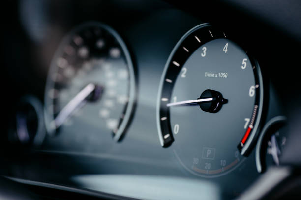 Modern mileage car dashboard instrument panel interior. Miles Speedometer. stock photo