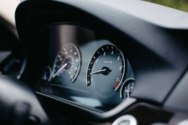 istock Modern mileage car dashboard instrument panel interior. Miles Speedometer. 1281098862