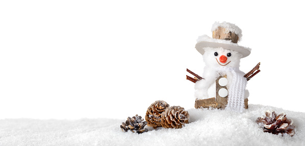 Cute happy snowman in the snow, studio isolated on pure white, ideal for Christmas or winter season