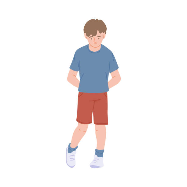 nieśmiały mały chłopiec ze szkoły wahający się, płaska ilustracja wektorowa z kreskówek odizolowana - hesitating stock illustrations