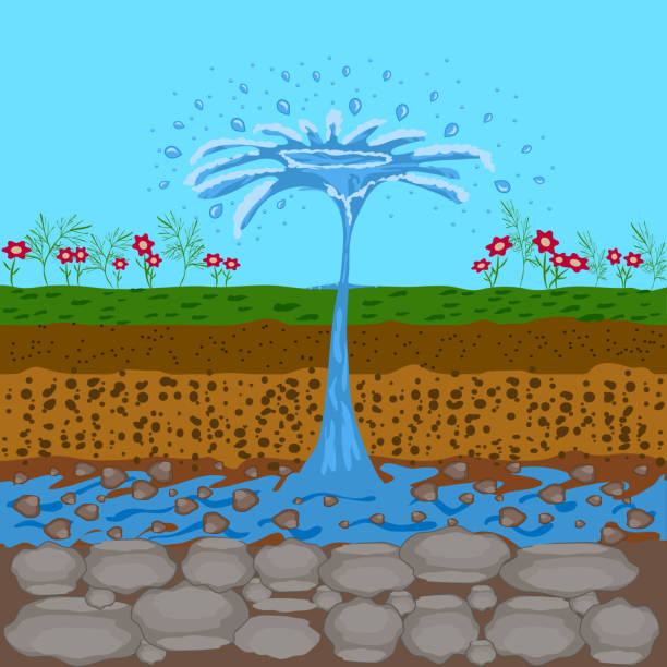 ilustrações de stock, clip art, desenhos animados e ícones de underground water resources. fountain from groundwater. geyser comping out of the ground. - groundwater