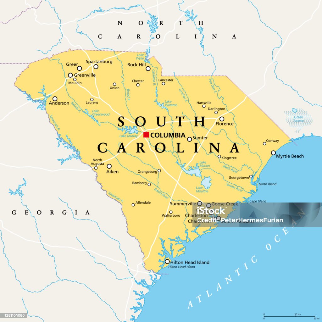 South Carolina, SC, political map, The Palmetto State South Carolina, SC, political map, with the capital Columbia, largest cities and borders. State in the southeastern region of the United States of America. The Palmetto State.  Illustration. Vector. South Carolina stock vector