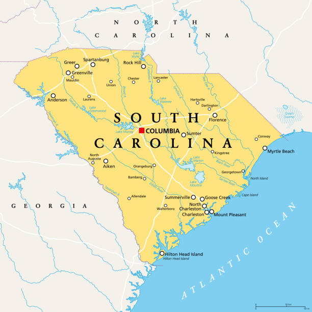 South Carolina, SC, political map, The Palmetto State South Carolina, SC, political map, with the capital Columbia, largest cities and borders. State in the southeastern region of the United States of America. The Palmetto State.  Illustration. Vector. georgia us state stock illustrations