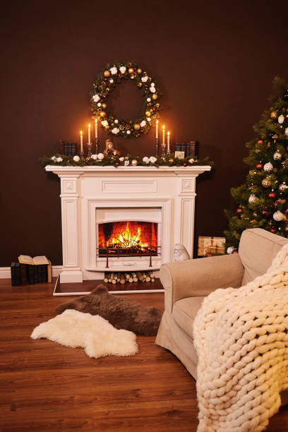 istock Christmas Fireplace and Xmas Tree, Presents Gifts Decorations 1281104880