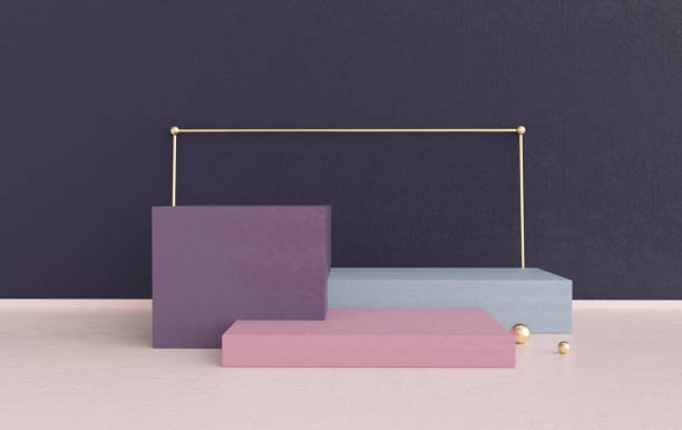 istock 3d rendered studio with geometric shapes, podium on the floor. Platforms for product presentation, mock up background. Abstract composition in minimal design, pastel and gold colors 1281107083