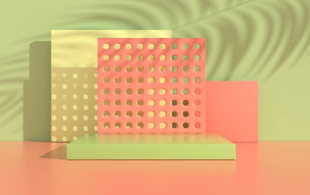 istock 3d rendered studio with geometric shapes, podium on the floor. Platforms for product presentation, mock up background. Abstract composition in minimal design, tropic palm leaves shadow 1281107085