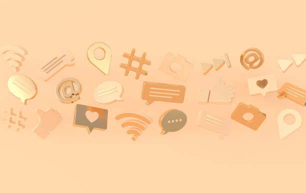 istock Like, chat, comment bubble, camera, hashtag, Wi Fi wireless network symbol, at, play icons. Social media, apps symbols 3d rendering 1281107101