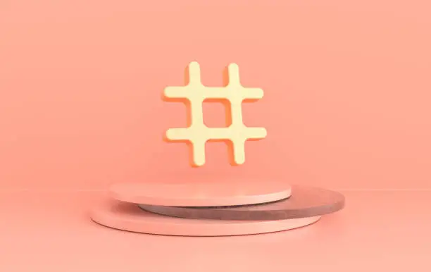 Photo of Hashtag search link symbol 3d rendering. Hash mark, user reply sign, hashtag, tag, comments thread mention, topic social media notification icon.
