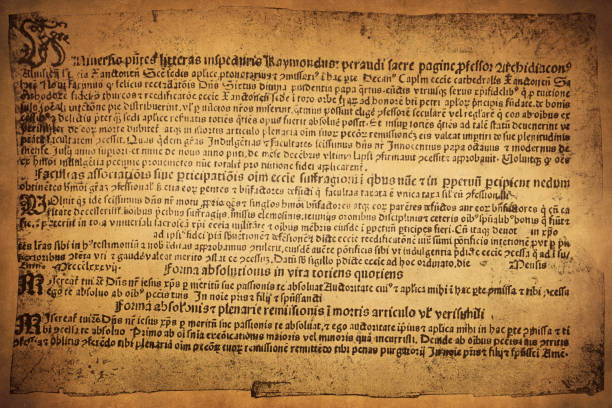 Reduced facsimile of a letter of indulgence from Pope Innocent VIII, from 1487 Illustration of a Reduced facsimile of a letter of indulgence from Pope Innocent VIII, from 1487 church black and white people praying stock illustrations