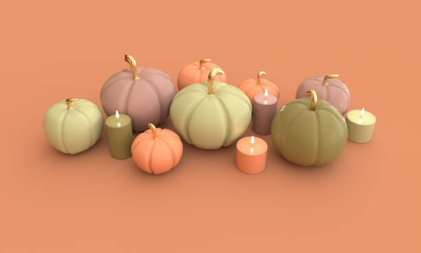 istock 3d render pumpkin and candles pastel colored background. Minimal concept. Holiday decoration pumpkin for celebration halloween event template 1281109476