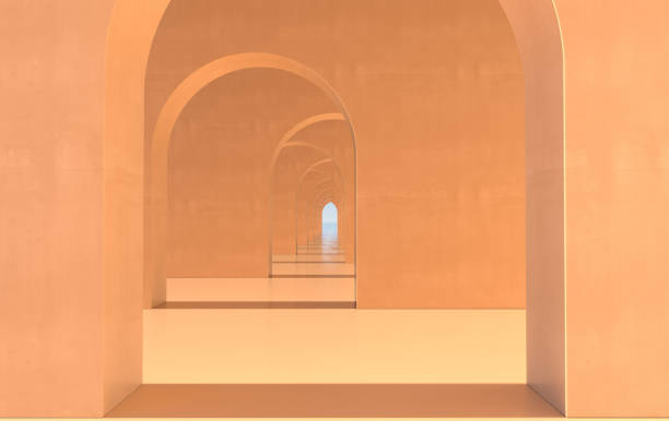 istock 3d rendering. Arch hallway simple geometric background, architectural corridor, portal, arch columns inside empty wall. Modern minimal concept 1281109485