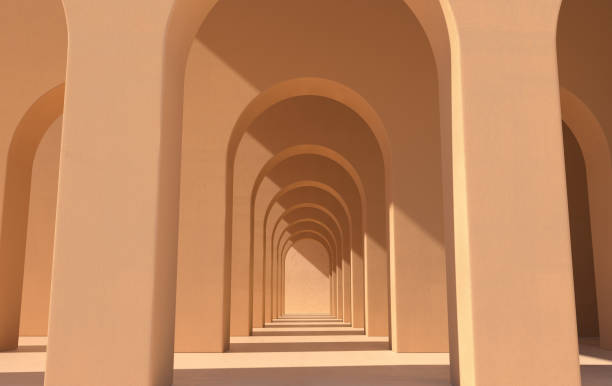 istock 3d rendering. Arch hallway simple geometric background, architectural corridor, portal, arch columns inside empty wall. Modern minimal concept 1281109493